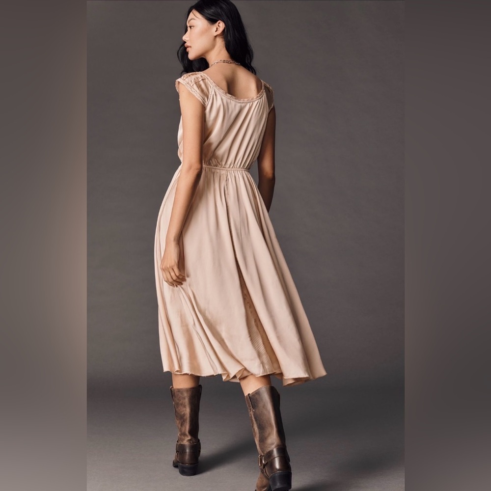 Anthropologie Boho Hanky Hem Button Front Midi Dress Beige M Cottagecore - Picture 3 of 11